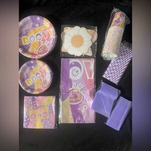 Groovy Purple Birthday Party Supplies Set Plates straw banner cups all in one 25